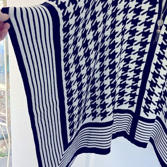 Anne Klein Houndstooth Camilla Poncho Cape / Stripe Trim Full Zip NWT SZ XL - Picture 4 of 14